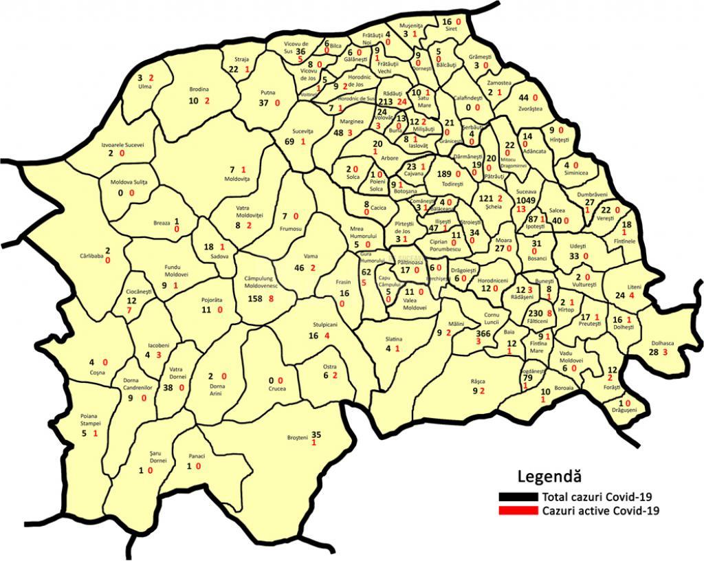 Numarul de cazuri de Covid 19 din fiecare localitate a judetului Suceava