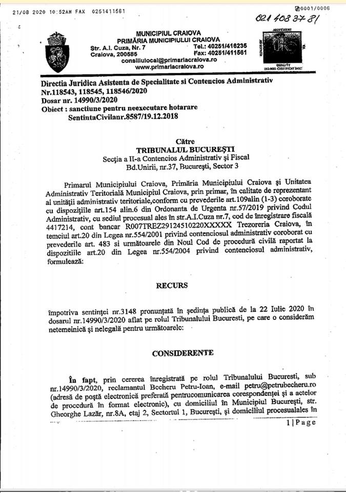 Primăria Craiova a făcut recurs în procesul în care primarul este amendat cu 446 lei/zi – GAZETA de SUD