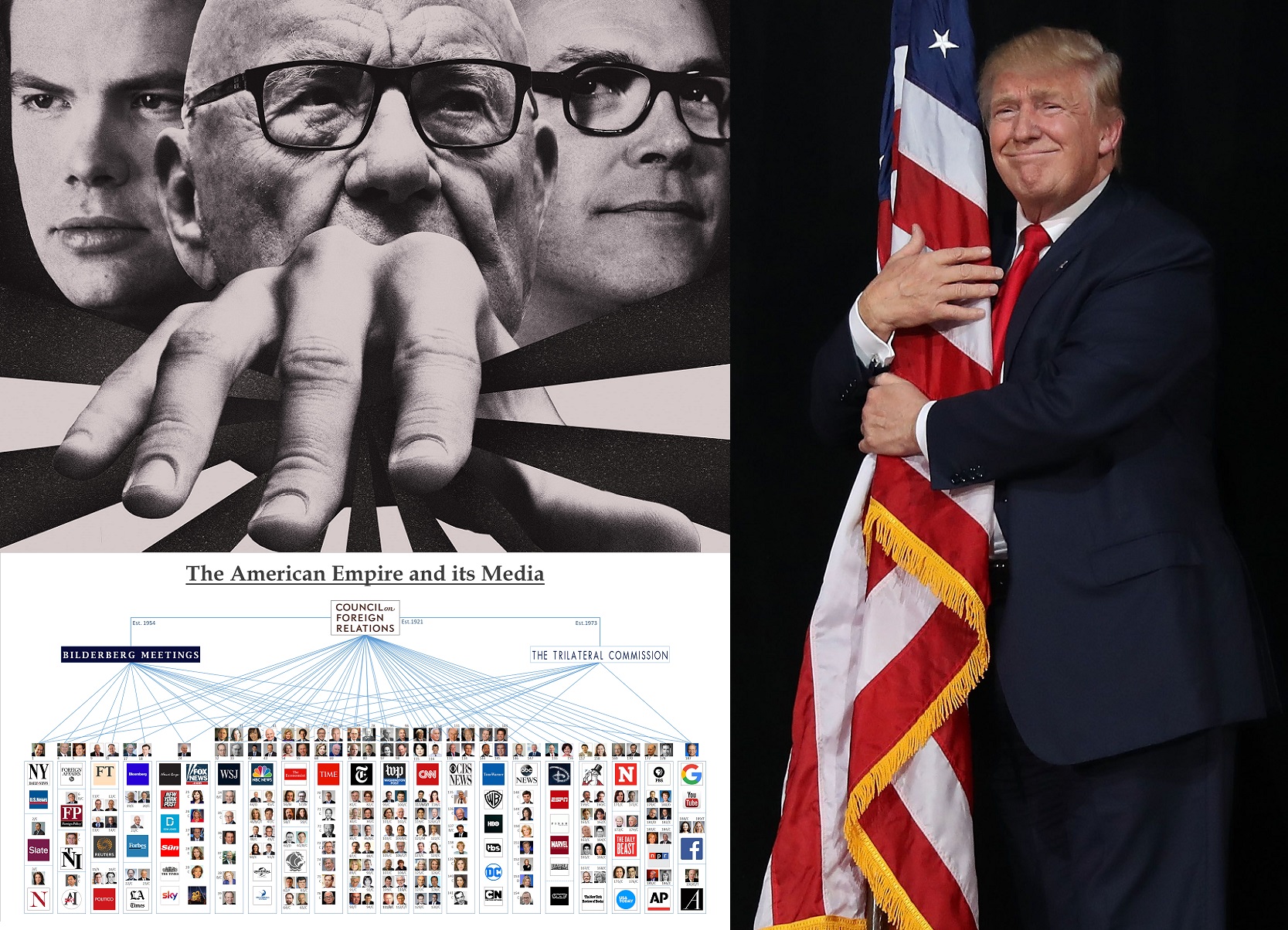 Murdoch, mogulul Fox News care l-a trădat pe Trump, face parte împreună cu Biden și Soros din Grupul Bilderberg și Comisia pentru Relații Externe, creatoarea Trilateralei. Cele trei organizații controlează “fake mass media” care l-a îngropat pe Trump